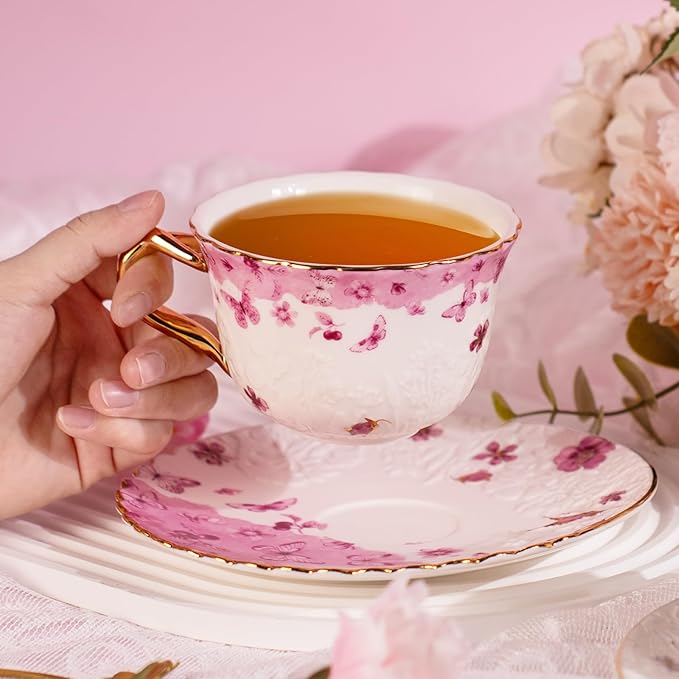 KAMMAK Tea Cups and Saucers Set of 2, Reinforced Porcelain Coffee Cups, 8.5-Ounce Stackable Espresso Mugs, Ceramic Demitasse for Coffee, Cappuccino, Latte, Americano, Tea, Colorful + Butterfly
