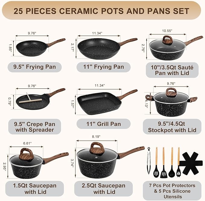 EWFEN Nonstick Pots and Pans Set, 25-Piece Ceramic Cookware Set, Induction Kitchen Cooking Set with Frying Pans Saucepans & Utensils, Healthy Non-toxic, PFAS/PTFE/PFOA Free, Black