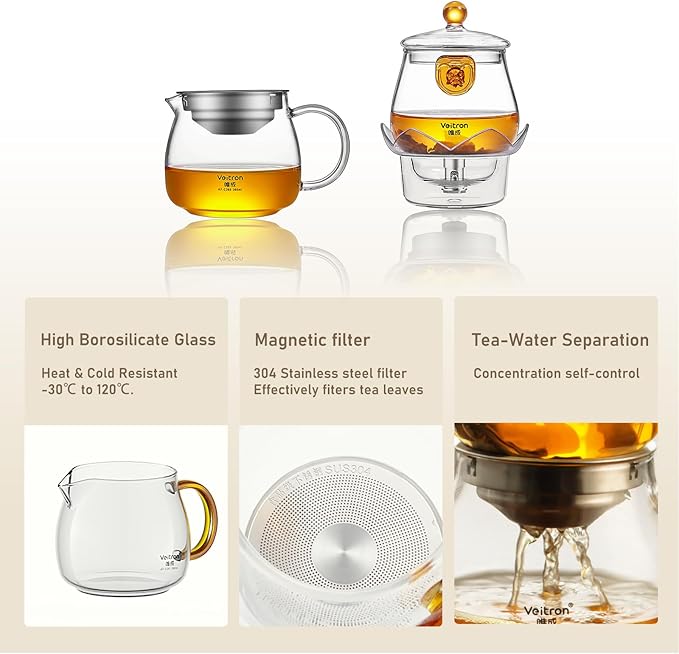 560ml (18.94 oz) Borosilicate Glass Teapot Set, 2-in-1 Gongfu Tea Brewer with Upper Brewing Pot and Lower Serving Kettle, Clear Teapot with Base for Blooming and Loose Leaf Tea
