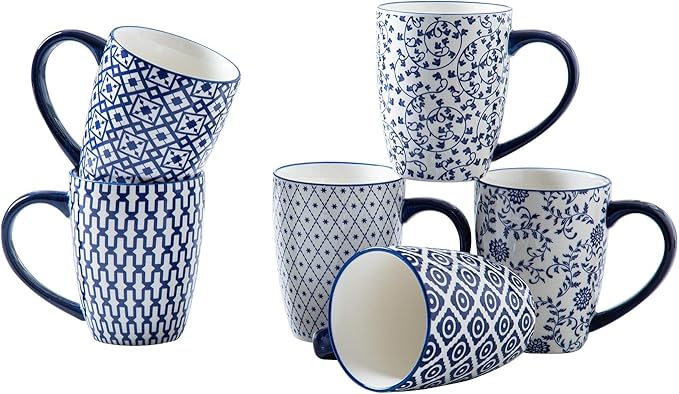 Ceramic Coffee Mugs Set - 16 Oz Large Porcelain Tea Cups with Handle for Women Men Cocoa Cappuccino Latte - Christmas Housewarming Gift - Dishwasher Safe - Set of 6 - Vintage Blue