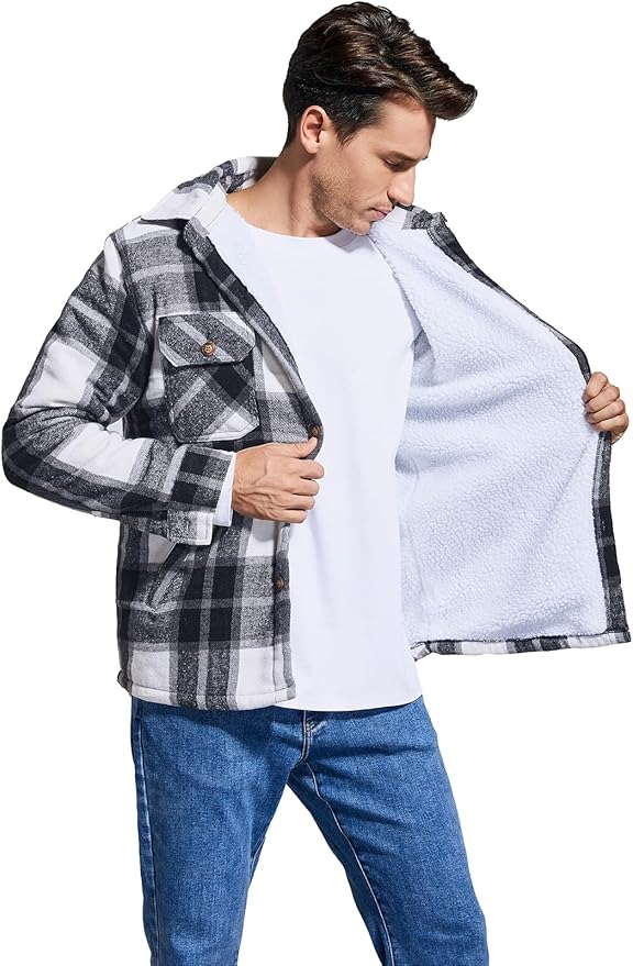 Men's Cotton Sherpa Lined Button Down Flannel Shirt Jacket Plaid Soft Outdoor Flannel Jacket Shirt
