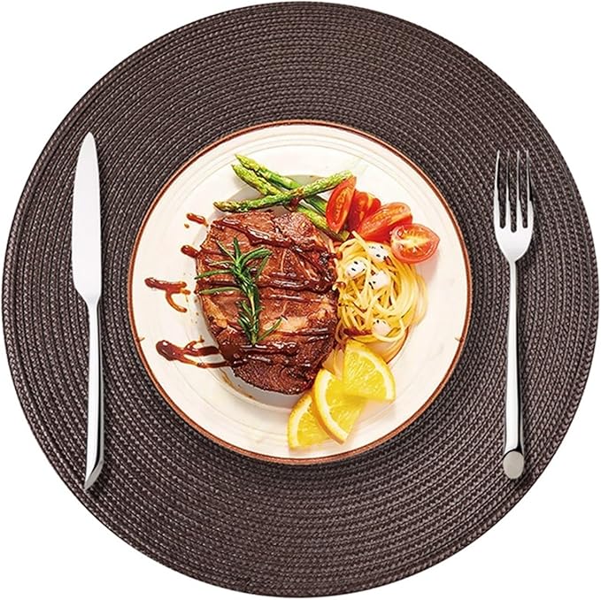 Round Table Mat Braided Woven Set of 4 Woven Placemats Heat Non-Slip for Kitchen Indoor and Outdoor 15 Inch(PPR Dark Coffee,Round_38CM 4PCS)