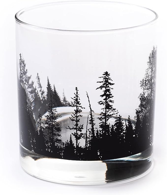 Black Lantern Single Whiskey Glass - Forest Landscape- 11oz. Low Baller Tumbler Solid Base - Bourbon Glass - Cocktail & Everyday Use Drinking Glasses for Nature Lovers (One 11oz. Glass)