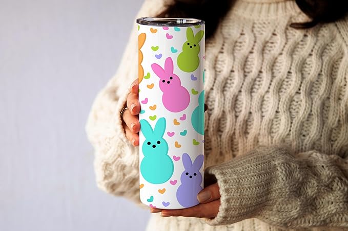 20oz Skinny Tumbler Easter Marshmallow Bunnies - Stainless Steel Double Wall Insulated Cup With Lid And Straw