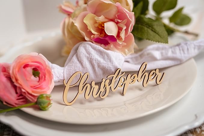 Customized Wooden Name Tags for Place Setting, Personalized Place Cards for Weddings, Bridal Showers and Events, Cursive Laser Cut Seating Cards (Raw Wood)