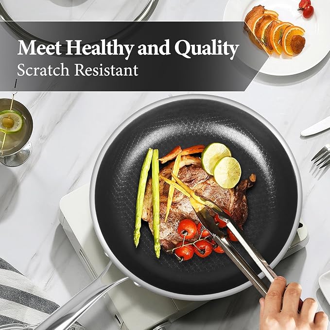 Non Stick 10-Inch Pan, Titanium Hybrid Pan with Lid, Stay-Cool Handle, Professional Frying Pan, Dishwasher Friendly, Oven Safe, Compatible with All Cooktop