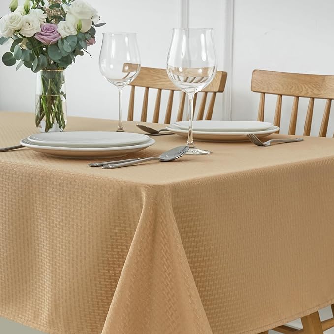 maxmill Rectangle Tablecloth Weaved Pattern Waterproof Spillproof Wrinkle Free Table Cloth, Kitchen Dining Tabletop Decoration, Fabric Table Cover for Holiday Parties, 52 x 108 Inch, Beige