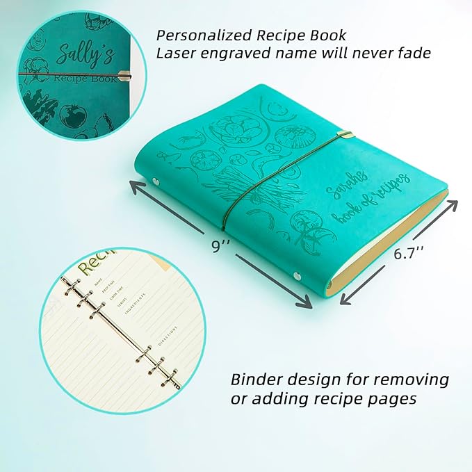 Personalized Recipe Book, 19 Custom Cover Designs, Customized Leather Family Cookbook Recipe Journal, Blank Recipe Book to Write in, Handcrafted Gift for Mom, Dad, Christmas, Birthday, Husband, Wife
