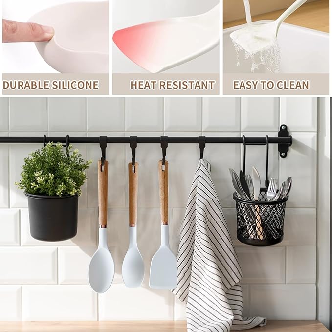 Silicone Cooking Utensils Set, Kitchen Utensils Set 13 Pcs for cooking, BPA Free Spatula Set with Heat Resistant Wood Handles for Nonstick Cookware (White)