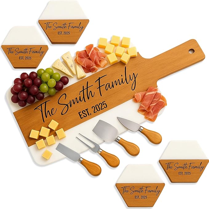 Personalized Cutting Board & 4 Coasters Set – Custom Acacia & Marble Charcuterie Boards, Weddings, Housewarmings, New Home Owners, Anniversary, Bridal Showers, Couples, Valentines Day Gifts for Her