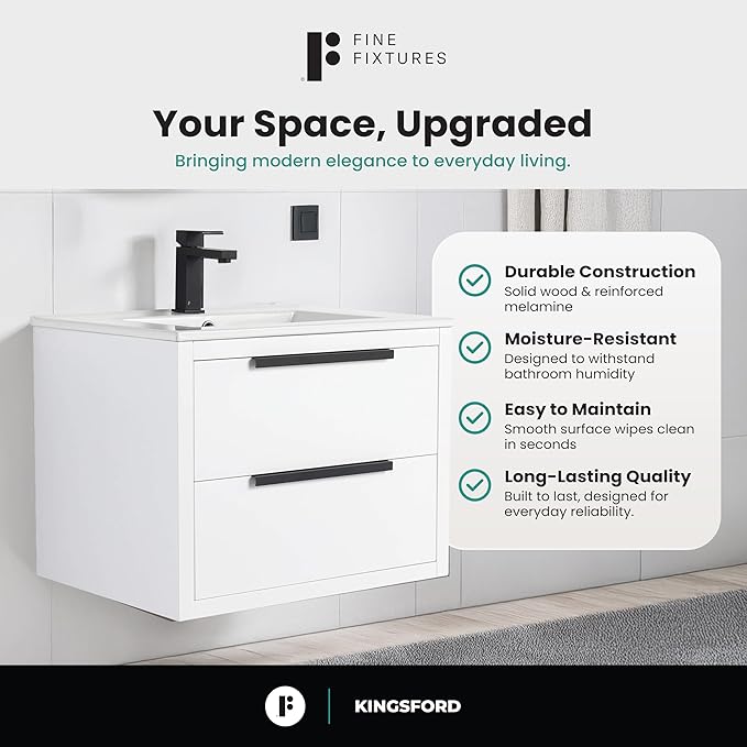 Fine Fixtures Kingsford Modern 24 Inch Bathroom Vanity with Sink, White Finish, Elegant Bathroom Vanities for Modern Homes, Stylish Storage Solutions for Bathrooms