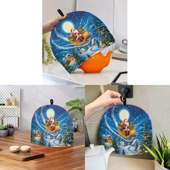 Sleigh Santa Claus Tea Pot Cover Cosy Insulated Tea Cozy Christmas Home Kitchen Decoration Teapot Dust Cover Warming Kettle Quilt Creative Gifts for Women, Wife, Mom