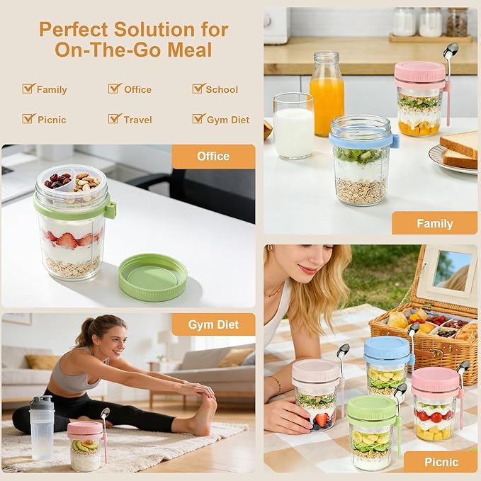Overnight Oats Containers with Lids and Spoons - 4 Pack 16 oz Glass Mason Jars with Separate Compartments Airtight Overnight Oat Jars Leakproof Yogurt Parfait Cup for Oatmeal Chia Pudding Cereal Salad