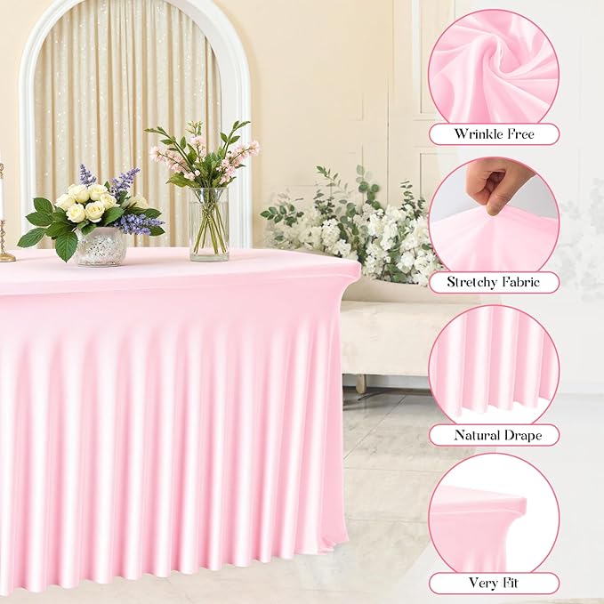 2 Pack Pink 6FT Rectangle Spandex Tablecloths, Stretch Fitted Table Covers for 6 Foot Tables, Wrinkle Free Table Skirts for Wedding Party Birthday Banquet Baby Shower
