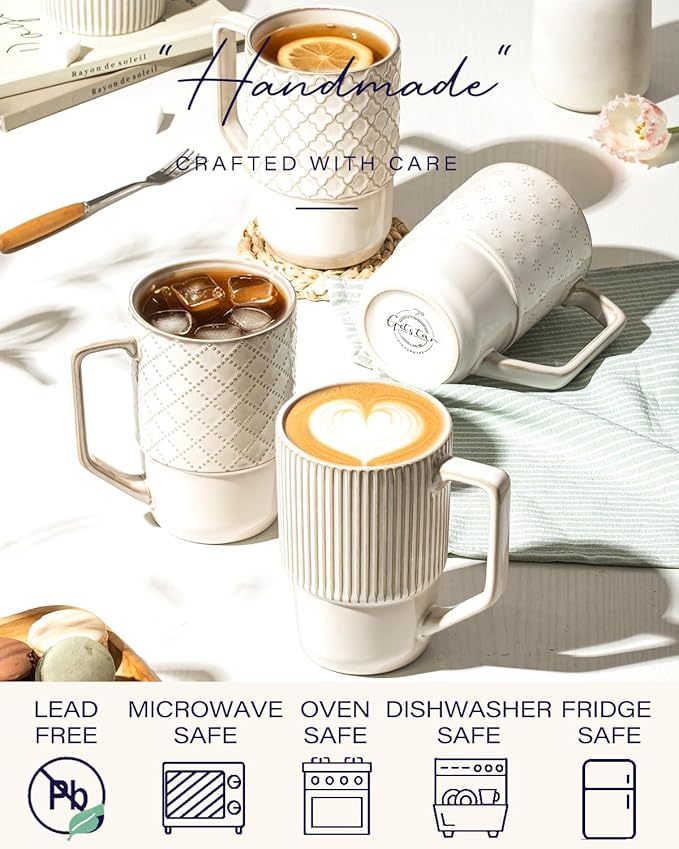 getstar Ceramic Coffee Mugs Set of 4 with Large Handles, Tall Coffee Cups 17OZ Gift Set for Men Women, Porcelain Mug for Latte, Hot Tea, Cappuccino, Milk, Cocoa, Microwave & Dishwasher Safe