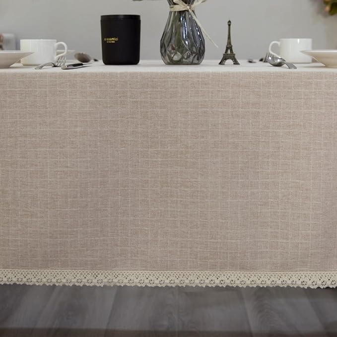 Lace Trim Tablecloth Linen-Look Textured Rustic Burlap Stlye Machine Washable Solid Heavy Weight Rectangle/Oblong Table Cloth Cover for Kitchen Dinning Tabletop Decoration 55x86 in Beige