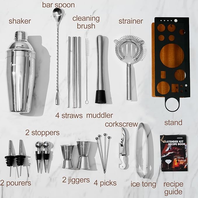 23-Piece Bartender Kit, Cocktail Shaker Set with Stand | Bar Drink Mixer Set with All Essential Bar Tools: Martini Shaker, Jigger, Strainer, Muddler, Pourers, for Home, Bar, Party (brown)