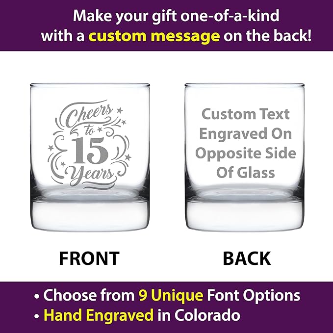 Custom Cheers to 15 Years - Personalized Whiskey Rocks Glass Gifts for Women & Men - 15th Anniversary Party Decor - 10.25 Oz Glasses