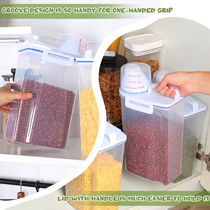 Rice Storage Bin 4 Pcs Cereal Containers Dispenser with Measuring Cup Plastic Storage Containers with Lids Kitchen Bin Rice Holder Food Sets for Flour Cereal, 2.5 l