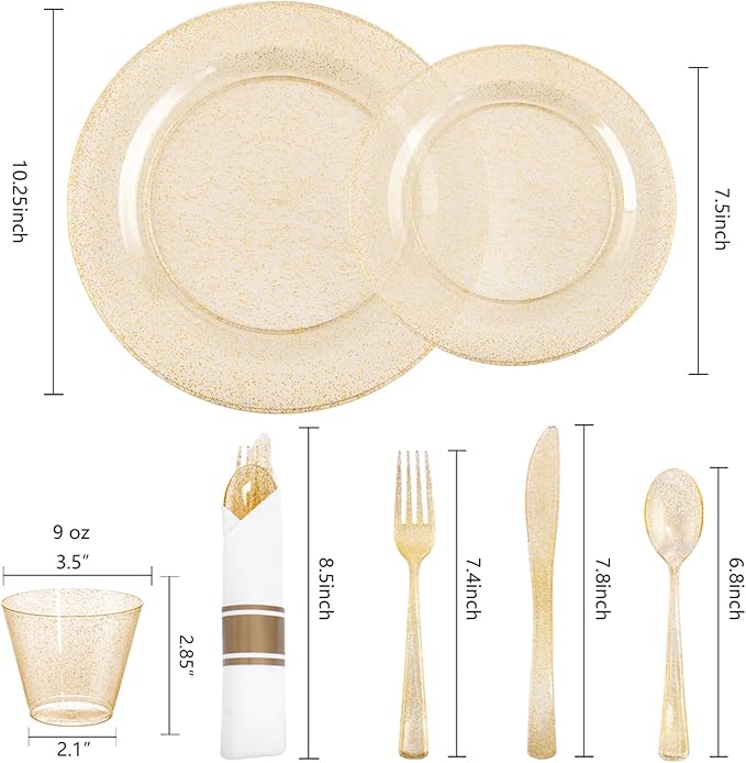 WELLIFE 210Pcs Gold Glitter Dinnerware Set, Gold Glitter Disposable Dinnerware for 30 Guests, Include: 30Dinner Plates, 30Dessert Plates, 90Gold Glitter Silverware, 30 Cups, 30 Paper Napkins
