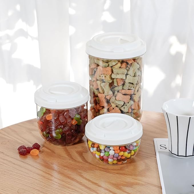 FABROK 3 Pack Candy Storage Organizer with Lid, Plastic Cookie Storage Jar for desk, Clear Plastic Container Canister for Laundry, Kitchen, Bathroom