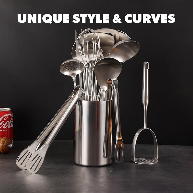 18/10 Stainless Steel Cooking Utensils Set - 16 PCS All Metal Small & Large Kitchen Spoons, Serving Utensils - Whisk, Masher, Fork, Tongs, Solid/Slotted Spoon, Spatula, Turner, Ladle, Skimmer, Pasta
