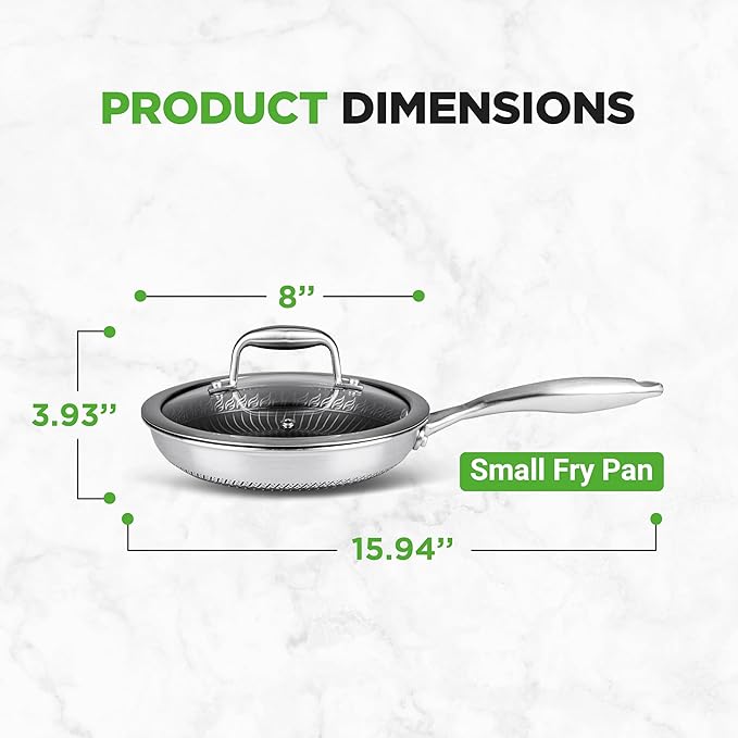 NutriChef 8” Stir Fry Pan with Glass Lid – Non-Stick Frying Pan, Triply Stainless Steel Cookware, DAKIN Etching Non-Stick Coating, Aluminum Core for Quick and Even Heat, Oven Safe, Dishwasher Safe