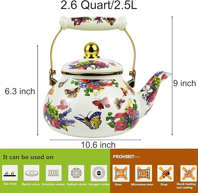 2.5L Vintage Enamel Tea Kettle, Butterfly Floral Stovetop Teapot with Porcelain Handle, Enamel Kettle for Home/Camping/Tea Party, Ideal Christmas/Housewarming Gift