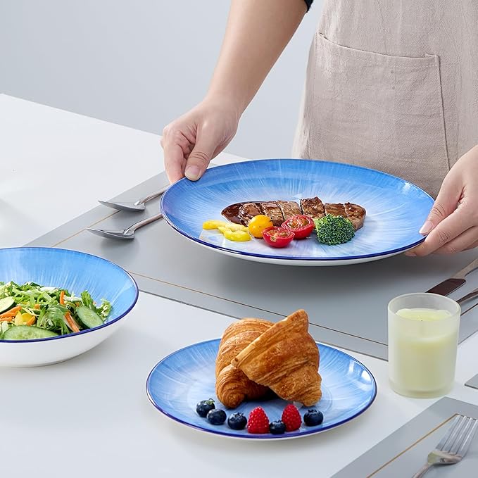 Bestone Porcelain Dinnerware Sets Service for 4, 12 pcs Hand drawn Plates and Bowls Sets, Handmade Ceramic Dish Set, Chip Resistant Modern Plate Set, Dishwasher/Microwave Safe，Starburst blue