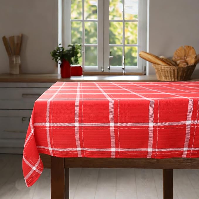 Urban Villa Tablecloth Big Checks Table Cloth Tabletop Cover Kitchen Dining Tablecloth 100% Cotton Great Parties Wedding Holiday Red White Rectangle 60X84 Inches 6-8 Seats Table Cloth