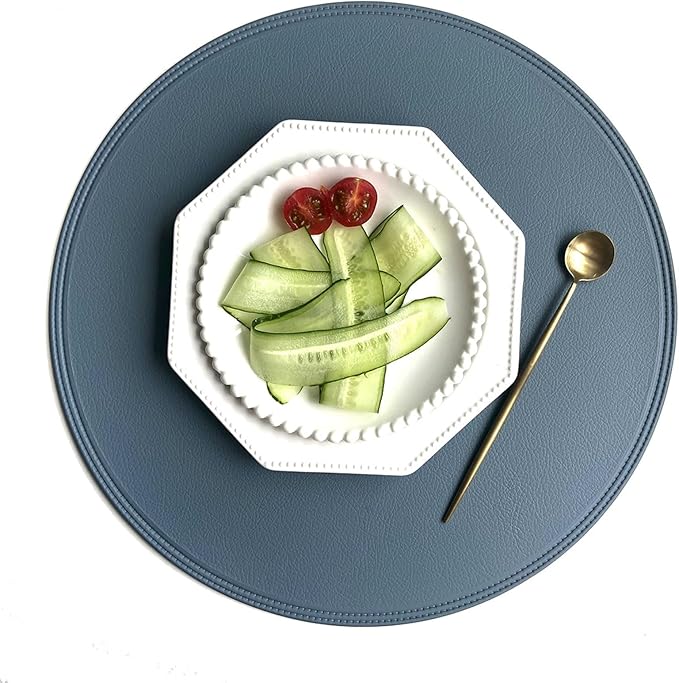Set of 4/6/10 Black Round PU Leather Placemats Non-Slip Place Mats Coaster Coffee Mats Kitchen Accessories Set De Table(Y Circle Blue,R 38CM 1pcs)
