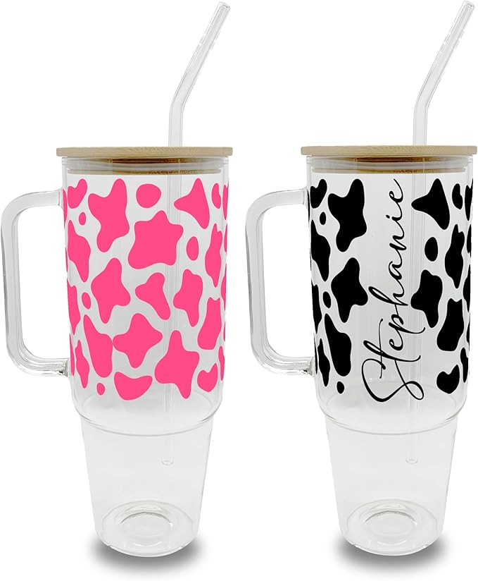 Sip-Sip Hooray! Cow Glass 40oz Tumbler, Iced Coffee Glass Cup, Trendy Pattern Aesthetic Coffee Mug, Minimalist Glass Cup, Cow Print Cup Personalized Soda Glasses