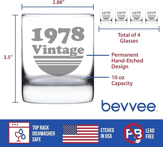 Bevvee Vintage 1978 Whiskey Rocks Glass - 48th Birthday Gifts for Men & Women Turning 48 - Old Fashioned Bday Decor - Set of 4-10.25 oz