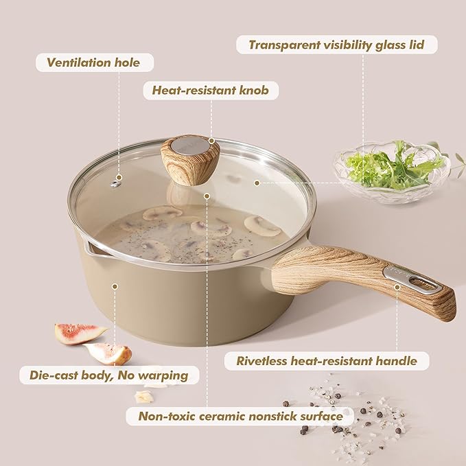 SENSARTE 1.5 & 2.5 Quart Ceramic Sauce Pan Sets with Lid, Cooking Pots Set, Nonstick Saucepan Set with Pour Spout, Small Kitchen Pot, Non toxic Saucepot, Induction Comptable, PFOA PTFE PFAS Free