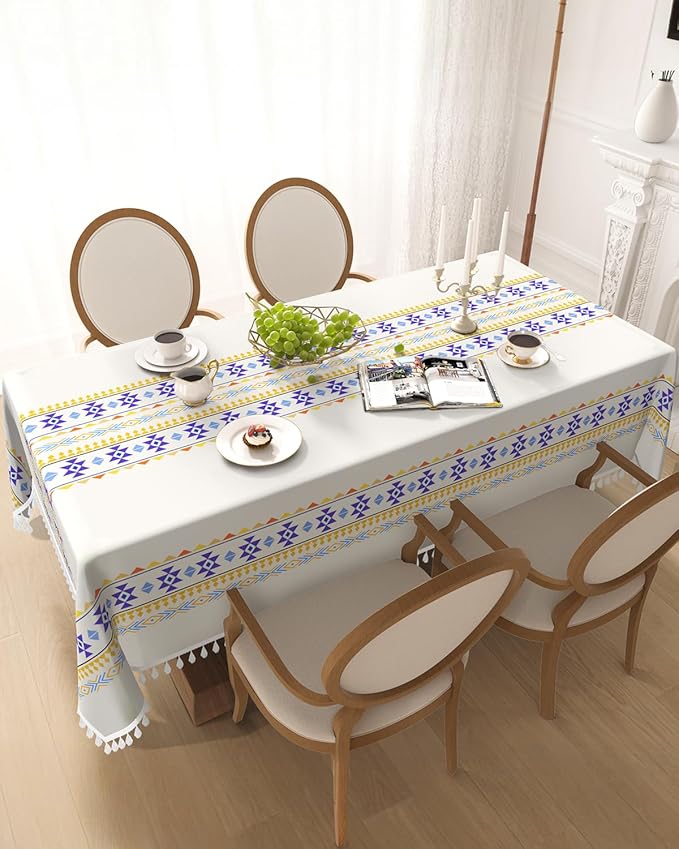 Bohemian Linen Rectangle Tablecloth 60''x 102'', Boho Tassels Table Cloth, Farmhouse Dining Table Cover Waterproof & Wrinkle Free for Kitchen, Holiday, Party, Picnic