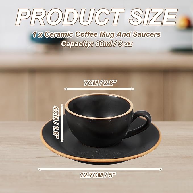 uxcell Handmade Vintage Espresso Cups, 3 oz Coffee Cups and Saucers Ceramic Tea Cup with Handle Dishwasher and Microwave Safe for Latte Cappuccino Milk Office Home Gifts, Morandi Black