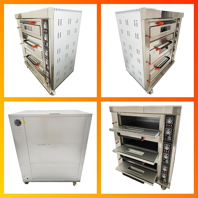 TECHTONGDA Commercial Pizza Oven Gas Heating Triple Deck Pizza Oven Stainless Steel Bread Baking Machine 6 Baking Sheets 110V for Restaurant Kitchen Bakery