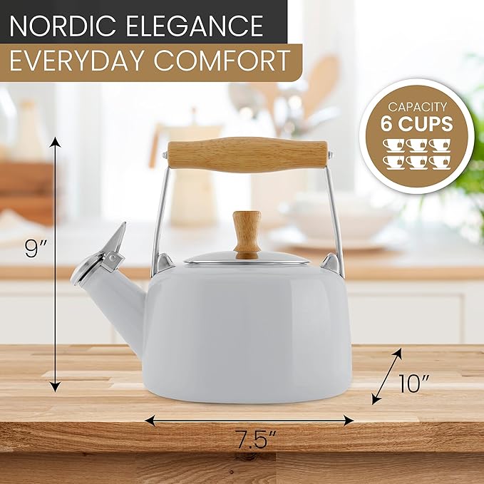 Chantal SVEN Enamel on Steel Whistling Teakettle with Natural Wood handle, 1.4 quarts (White)