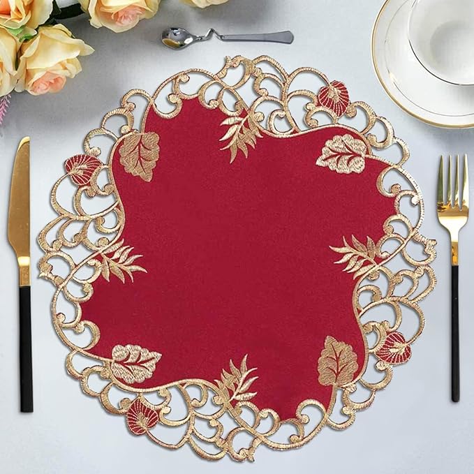 Decozen Set of 8 Doilies for Table, Lace Doilies Rustic Farmhouse Kitchen Dining Table Centerpiece Decor, 15 Inch Gold Burgundy Round Placemats for Home, Valentines Day Gifts, Valentines placemats