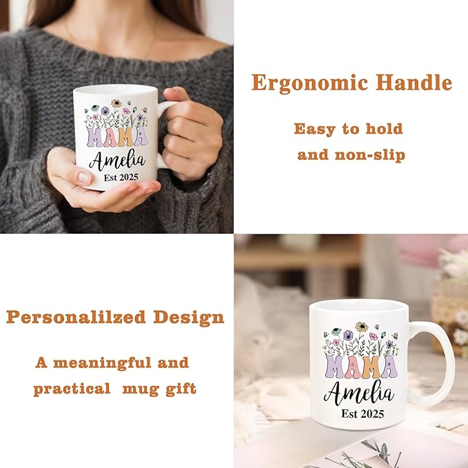 Custom Christmas Coffee Mug Gifts for Mom,11oz Personalized Ceramic Mama Cup with Photo Text & Birth Flower, Customized Birthday Gift for New Moms (Mom-Text)
