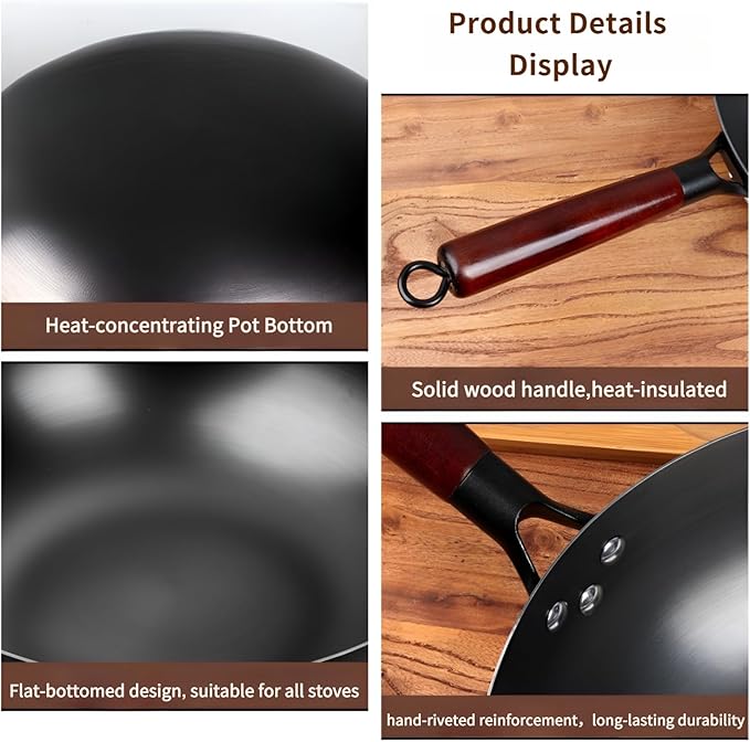 Uncoated Carbon Steel Wok with Wooden Handle (12 Inch) - Traditional Chinese Stir Fry Pan for High Heat Cooking, Non-Toxic, Easy Cleanup, Induction & Stovetop Compatible with Hanging Loop