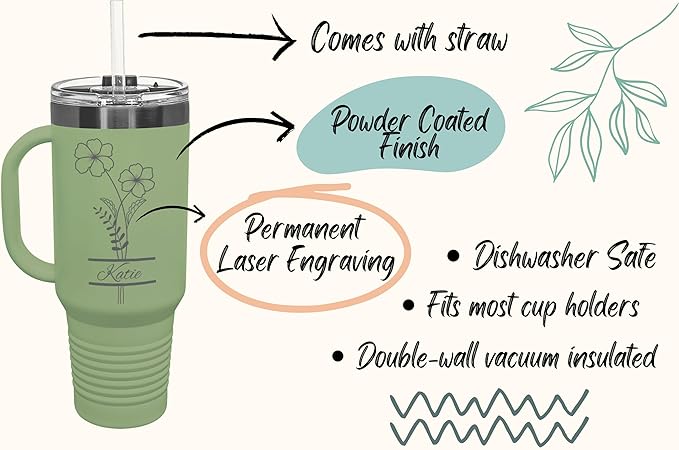 Perzonalized 40 oz Tumbler with Handle, Birth Flower Engraving – Fits Most Cup Holders, Dishwasher Safe, BPA-Free Lid & Straw – Powder-Coated Stainless Steel – Personalized Gift for Her