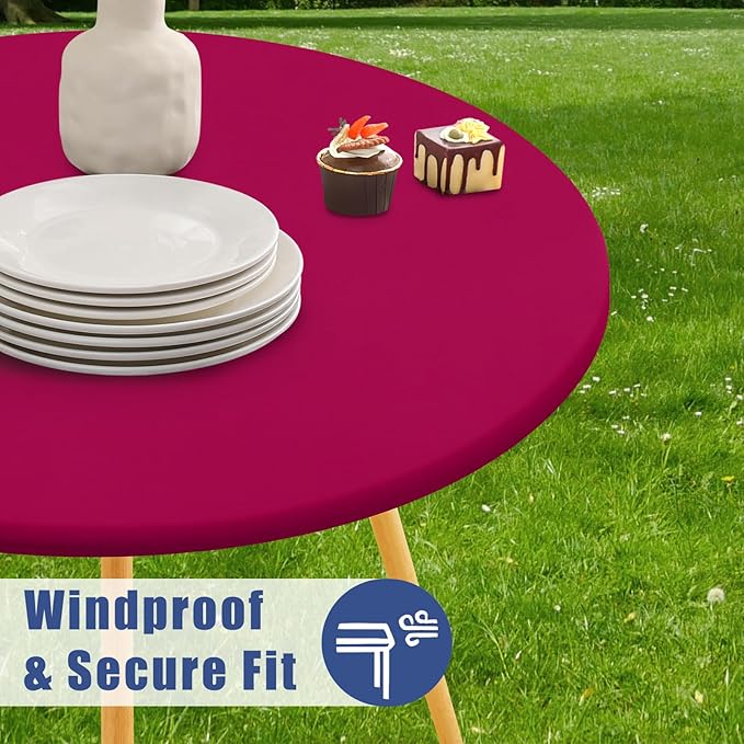 Round Spandex Tablecloth, Elastic Fitted Waterproof Tablecloths for 42"-50" Tables, Stretch Washable Picnic Table Cover for Camping, Dining, Indoor and Outdoor, Fuchsia