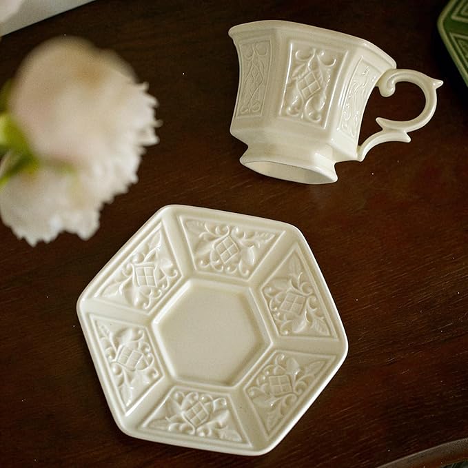 KAMMAK Tea Cups and Saucers Set of 2, Porcelain Coffee Cups, 6-Ounce Stackable Espresso Mugs, Ceramic Demitasse for Coffee, Latte, Americano, Tea, Retro Cream