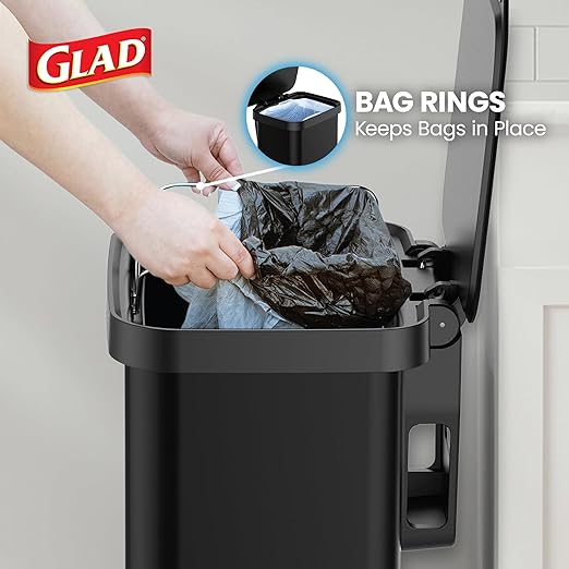 Glad Stainless Steel Step Trash Can, Series 2 with Clorox Protection - Large Black Kitchen Garbage Bin with Soft Close Lid, Foot Pedal and Waste Bag Roll Holder, 20 Gallon