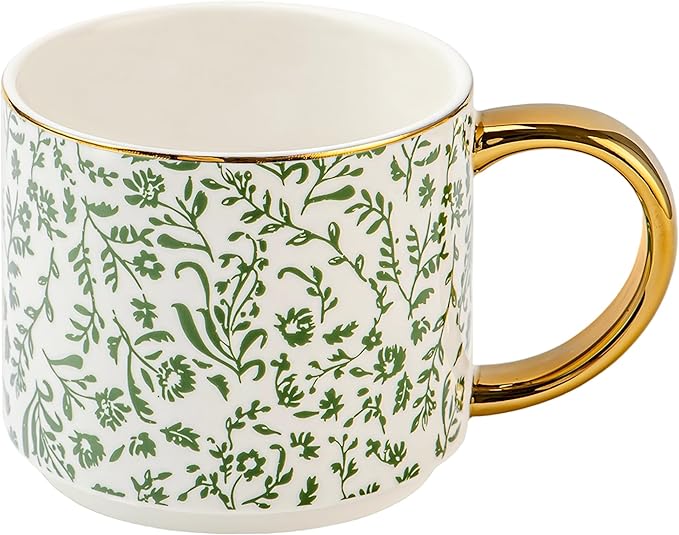 Sweet Water Decor Green Ditsy Coffee Mug, Vintage Green Floral Design with Gold Handle & Rim, 14oz Fine Bone China Tea Cup, Cottage Core Spring Collection, Cute Gifts for Mother's Day & Birthday