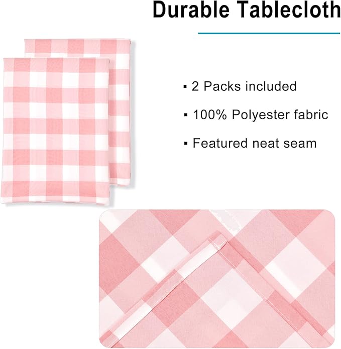 Hiasan Plaid Tablecloth Waterproof, 2 Pack, 60 x 120 inch - Checkered Table Cloth Rectangle for Dining Hall/Valentine's Day/Spring Party/Wedding/Outdoor Picnic, Peach Pink and White