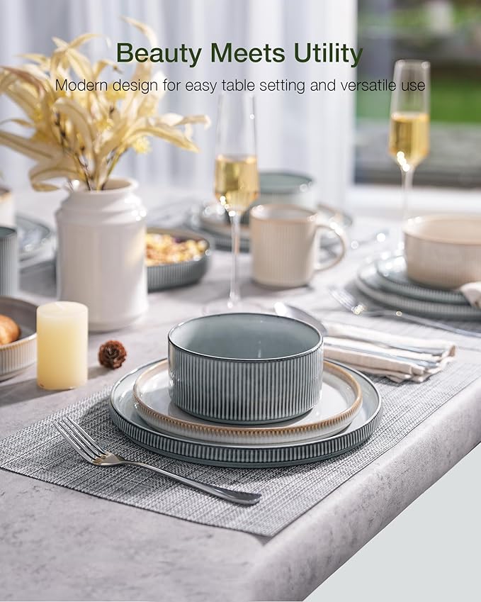 famiware Star Dinnerware Set, Plates and Bowls Sets for 4 (12pcs), Ribbed Stoneware Dishes - Chip & Scratch Resistant, Microwave & Dishwasher Safe, Multicolor - Cappuccino White & Smoky Blue