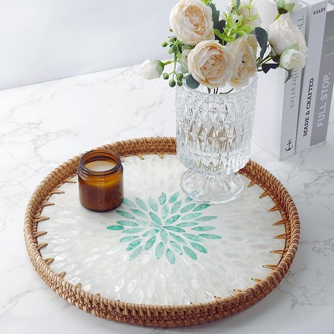 14" Large Rattan Serving Tray with Mother of Pearl, Round Coffee Table Tray Decor, Boho Decorative Hand-Woven Wicker Home Decor (Summer Green)