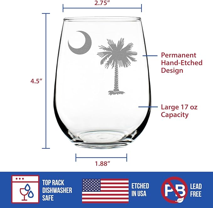 Custom South Carolina Flag - Personalized Stemless Wine Glass - State Themed Drinking Decor and Gifts for South Carolinians - Large 17 Ounce - Customized Wine Glass Gift